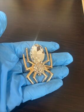 Gold Tone Crystal Spider Brooch - Clear Gem